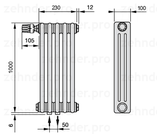 Схема (чертеж) Радиатор Zehnder Charleston 3100/5 №V007 Белый глянцевый RAL 9016